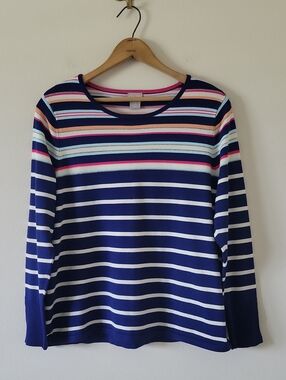Chico's Blue Striped Long Sleeve Sweater Size Large